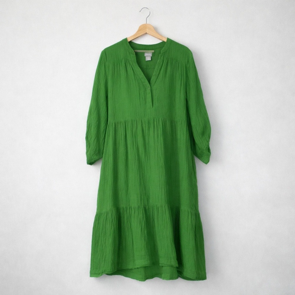 Chico's Green Tiered Midi Dress Size 12 Textured 3/4 Sleeve Boho Style